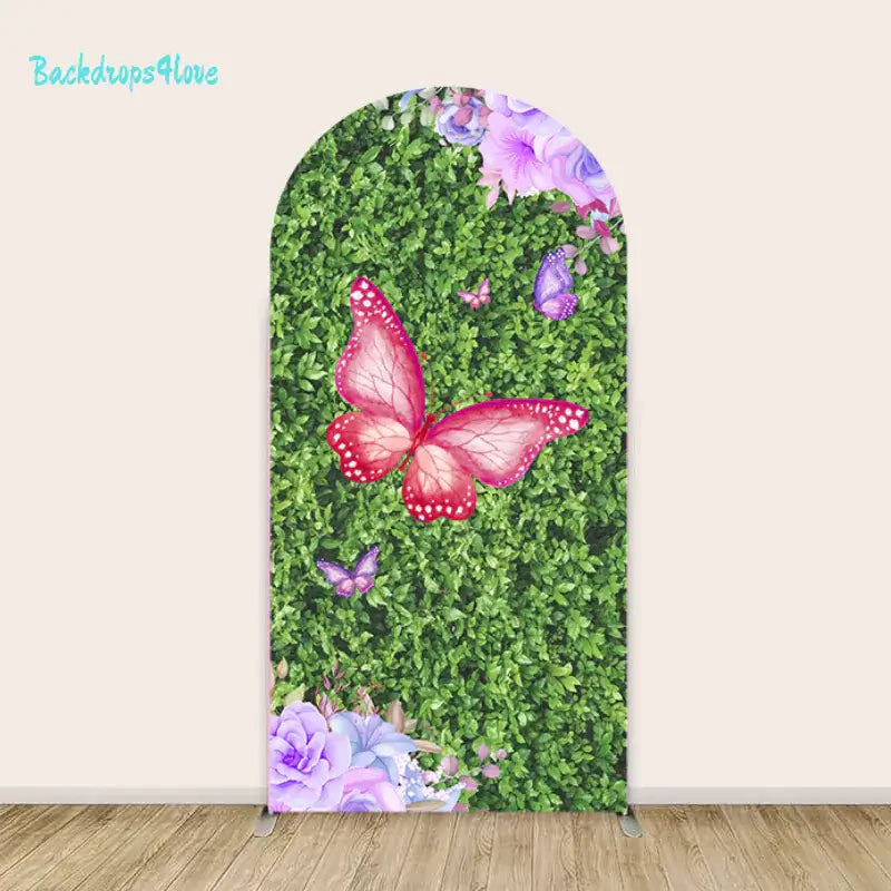 Right arch with dense green leaves and pink butterfly