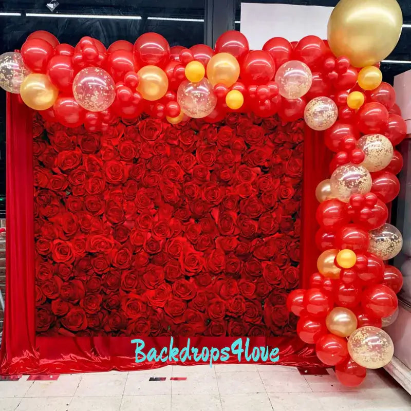 Romantic red rose-themed backdrop for weddings, anniversaries, and photography.