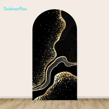 Decorative left arch featuring a luxurious black and gold marble design with glitter