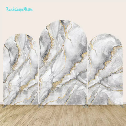 Luxurious marble texture backdrop set featuring three panels with gold detailing, ideal for sophisticated celebrations.