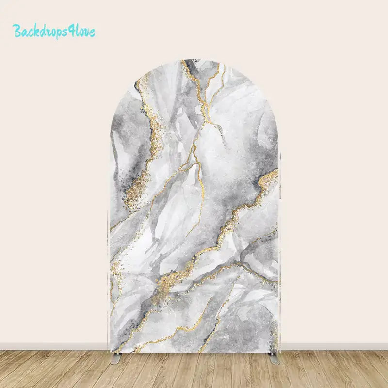 Single center arch backdrop featuring a marble design with gold detailing, ideal for elegant event decor.