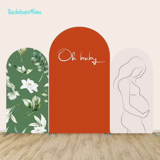 Modern baby shower backdrop set in earthy tones combining watercolor foliage, handwritten ‘Oh baby’ lettering, and a minimalist pregnant woman illustration.