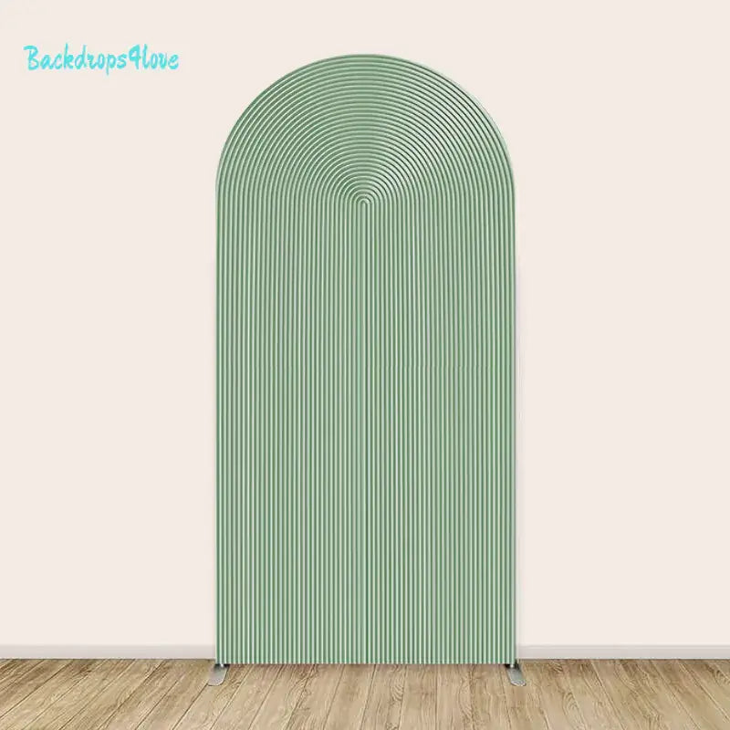 Left arch backdrop with a minimalist green striped pattern.