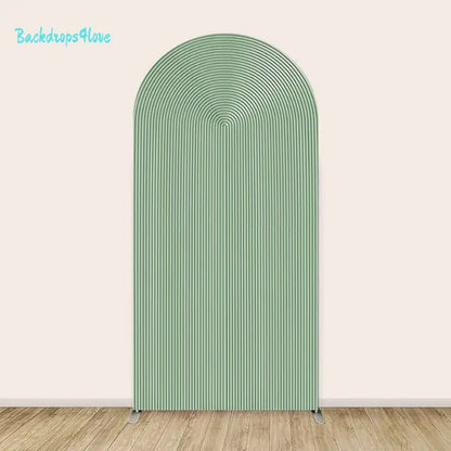 Left arch backdrop with a minimalist green striped pattern.