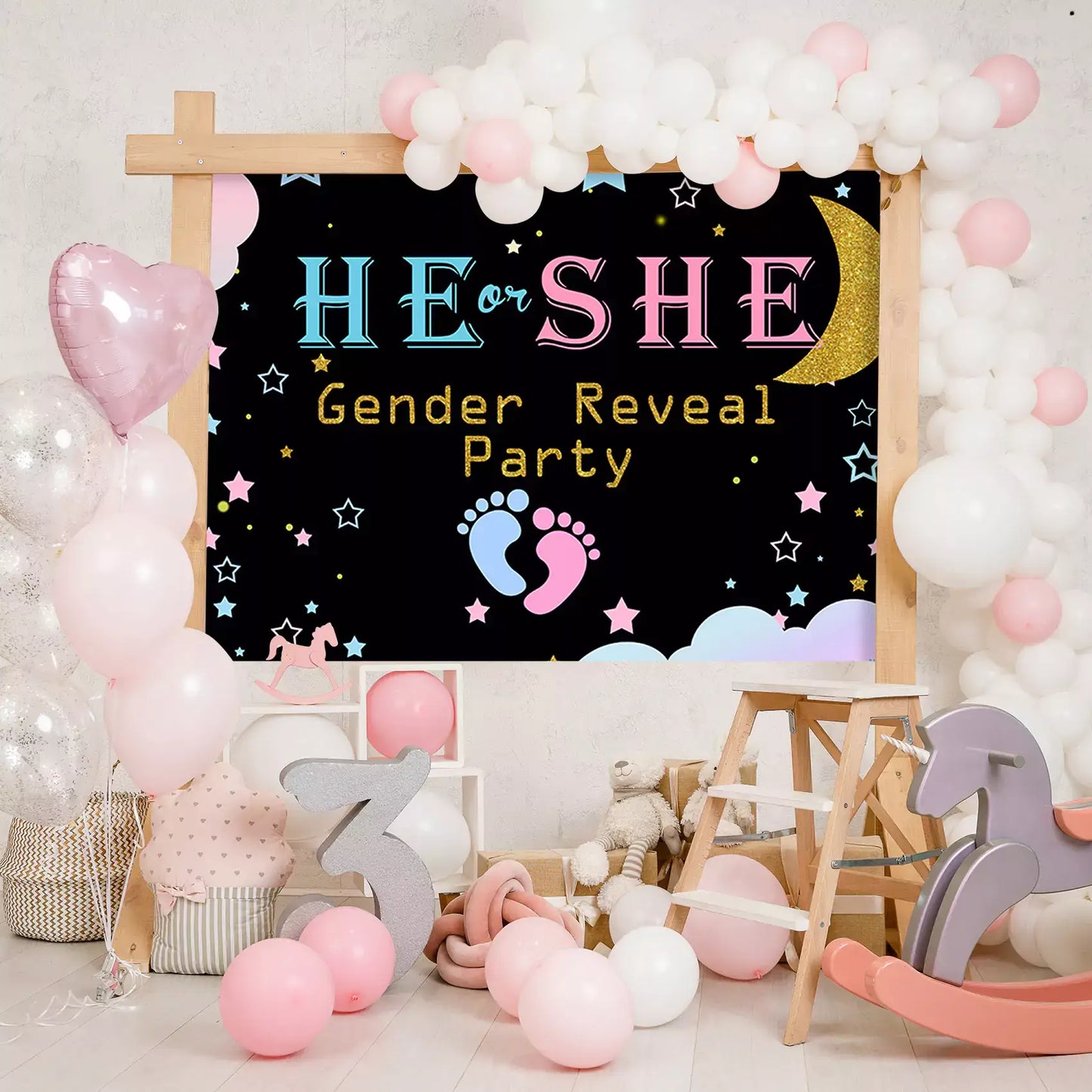 He or She gender reveal backdrop with moon and stars theme, featuring pink and blue baby footprints and festive decorations, perfect for gender reveal party photos.