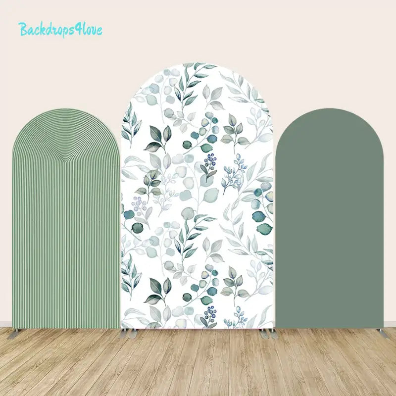 Three-piece arched backdrop set with green stripes, botanical leaf patterns, and a solid green arch, perfect for modern event decor.