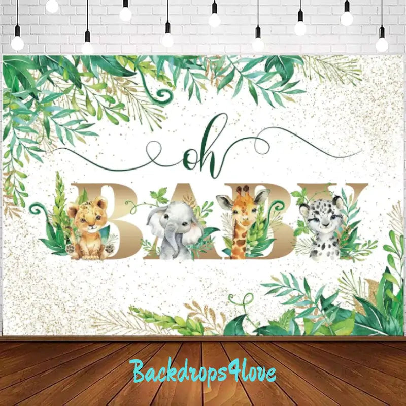 A baby shower backdrop with 'Oh Baby' written in gold, featuring cute safari animals including a lion cub, elephant, giraffe, and leopard. The background is decorated with lush greenery and golden sparkles, perfect for jungle or safari-themed baby showers.