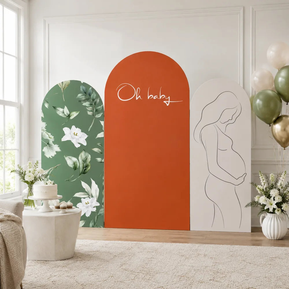 Three-piece Oh Baby arch backdrop covers set with sage green botanical flowers, terracotta lettering and neutral maternity line art for a baby shower.