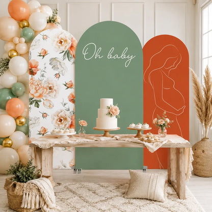 Three-piece Oh Baby arch backdrop covers set with peach floral design, sage green panel and terracotta pregnant woman line art for a baby shower.