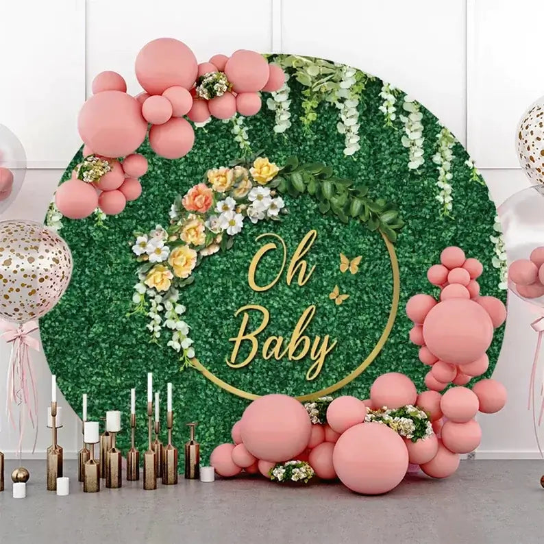 Oh Baby round backdrop cover with green foliage design