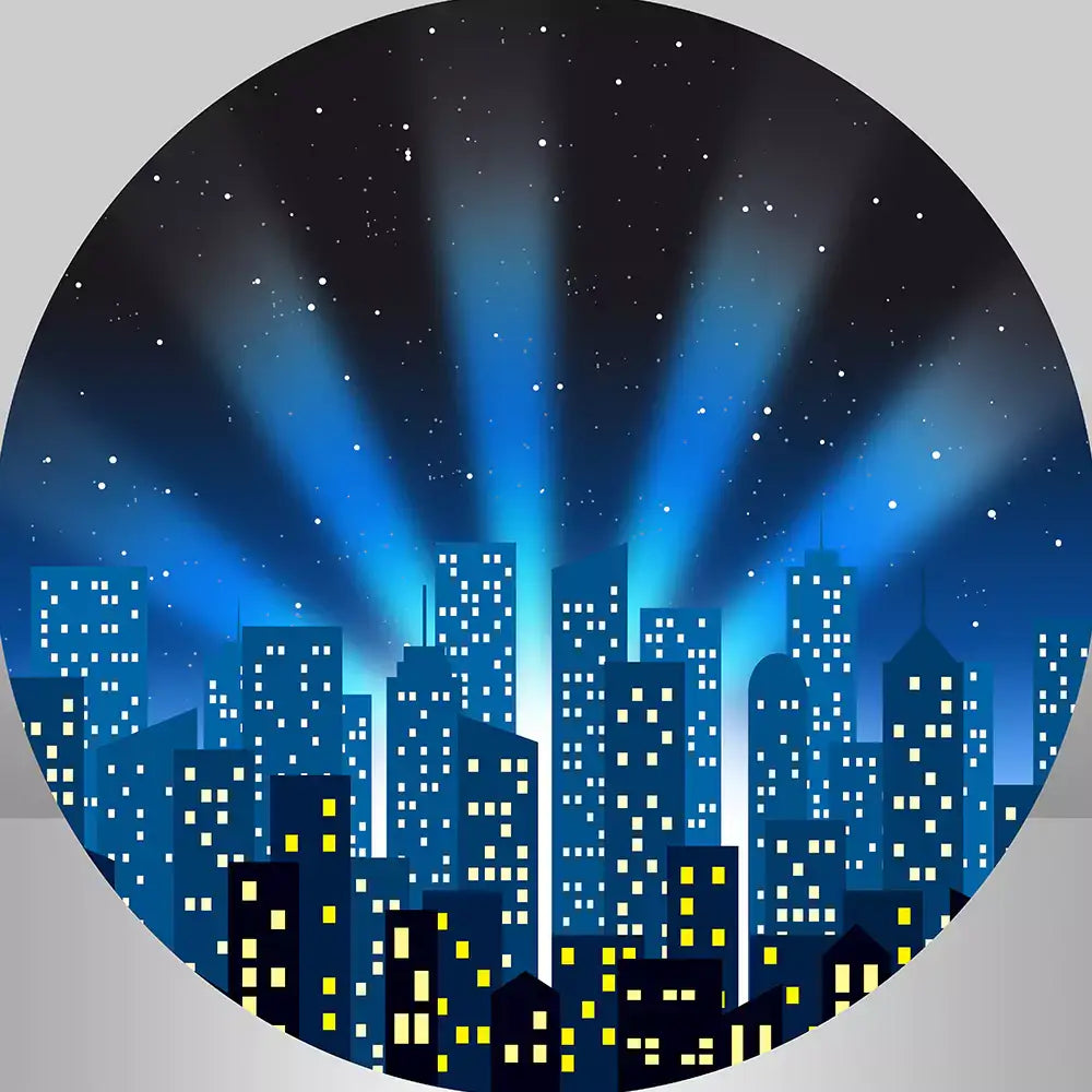 Round cityscape-themed backdrop with a night sky, bright city lights, and starry background for events and parties