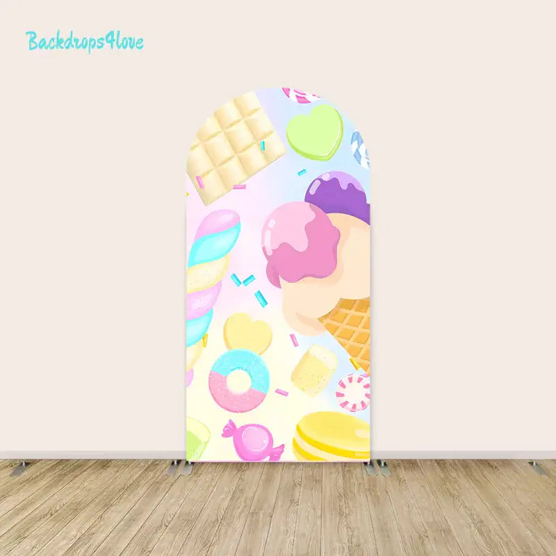 Right arch showcasing ice cream cones, donut shapes, and colorful candy in pink, blue, and yellow tones.