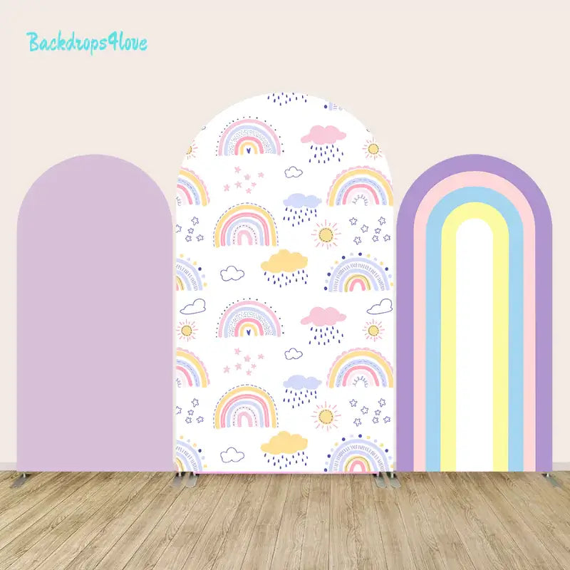 Set of three arch panels with pastel rainbows, solid lavender, and colorful rainbow stripes.