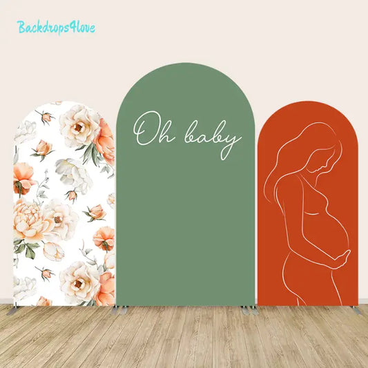 Earth-tone baby shower backdrop set with botanicals, handwritten script, and a modern line drawing of a pregnant woman—perfect for maternity events and gender-neutral décor.