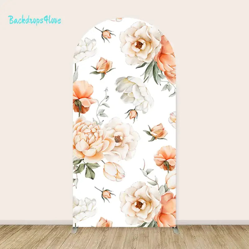 Left arch featuring watercolor peach and cream flowers with soft green leaves on a white background.