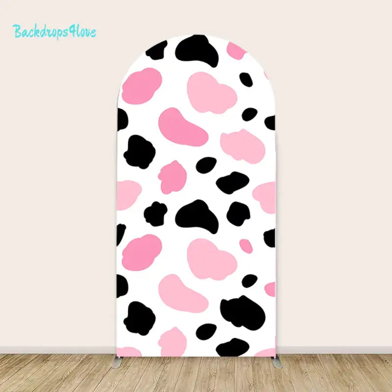 Right panel of the backdrop set displaying trendy black and pink cow print patterns on a white background, perfect for cow-themed party settings.