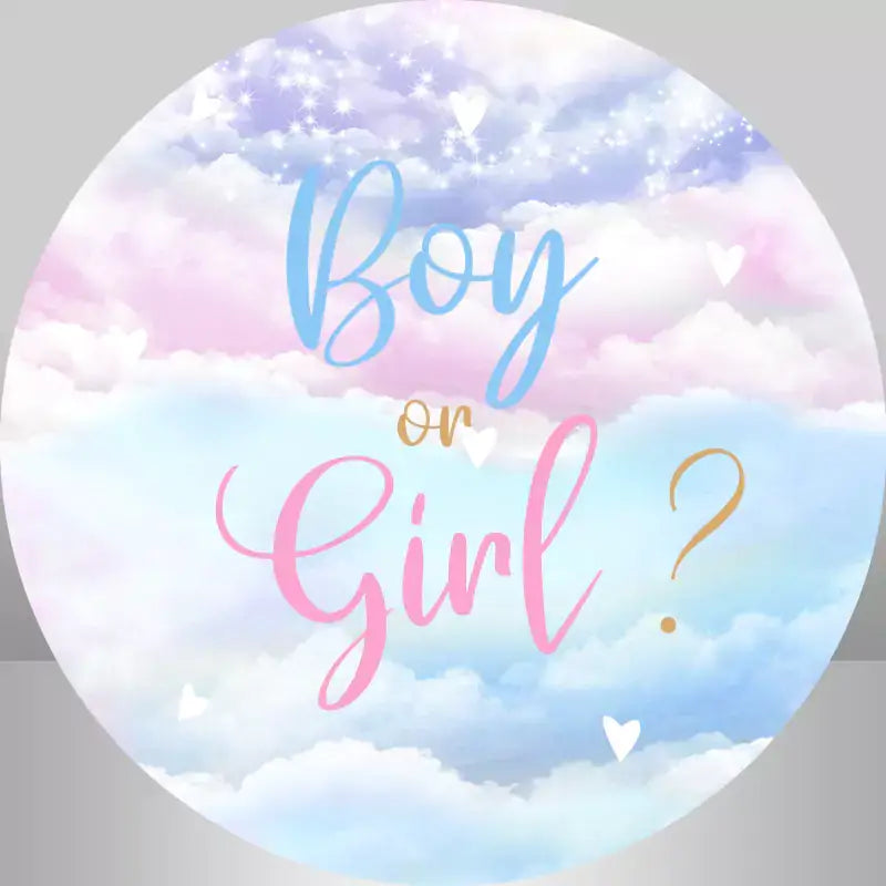 a boy or girl gender reveal party round backdrop features pink and blue cloud design