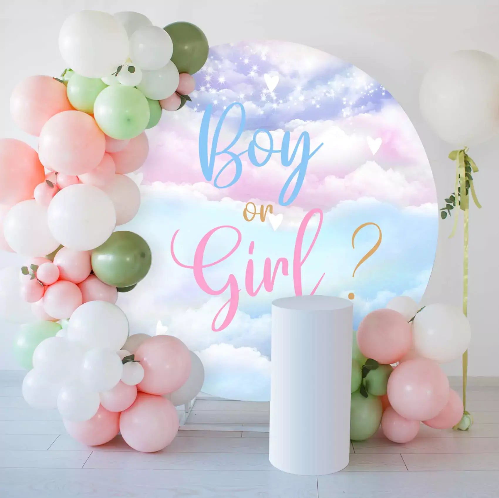 pink and blue cloud bay or girl gender reveal round backdrop decorations