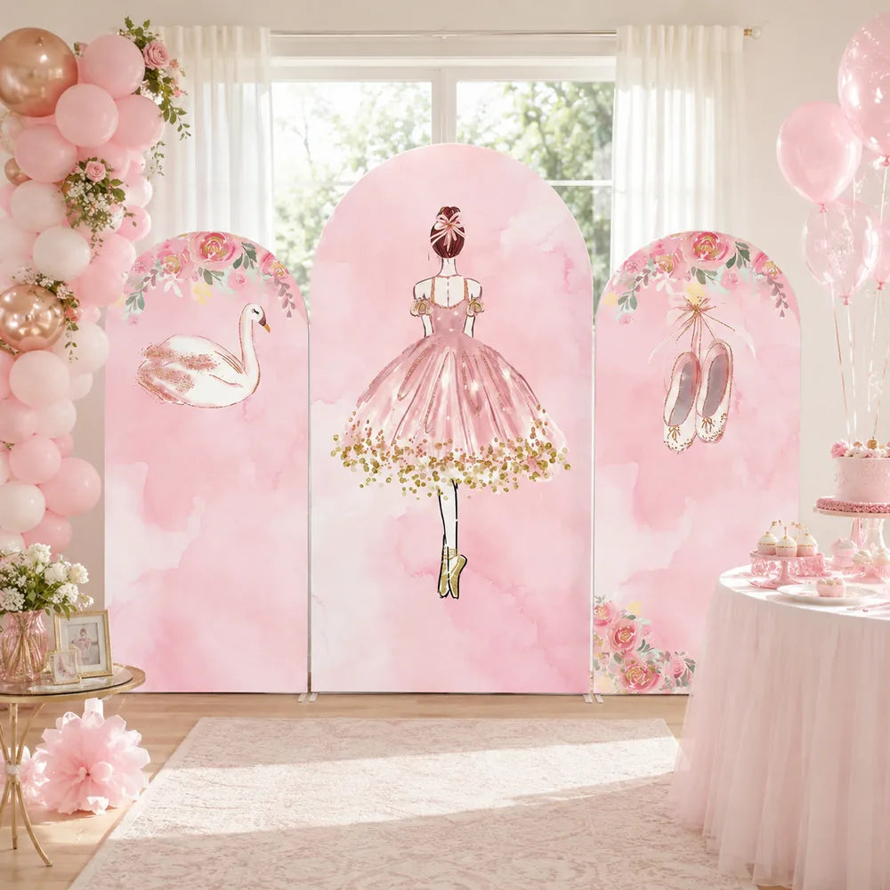 Three-piece pink ballerina arch backdrop covers set with a ballet girl, elegant swan, ballet shoes, floral details and soft gold accents for a girls birthday party.
