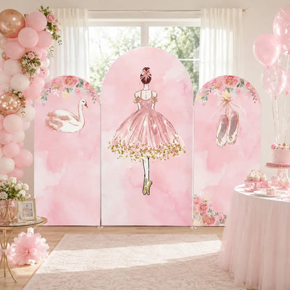 Three-piece pink ballerina arch backdrop covers set with a ballet girl, elegant swan, ballet shoes, floral details and soft gold accents for a girls birthday party.