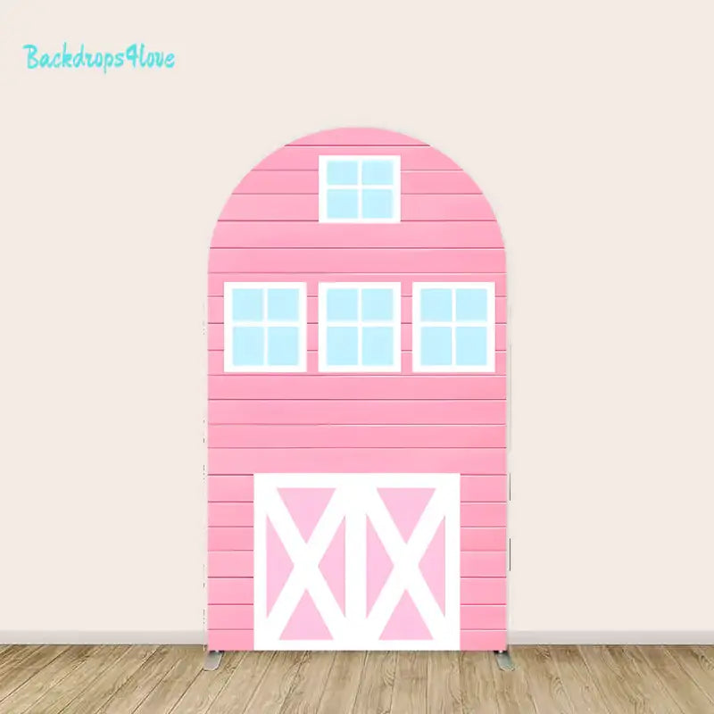 Center panel showcasing a pink barn design with white doors, light blue windows, and horizontal pink wooden textures for a fun farm-themed decoration.