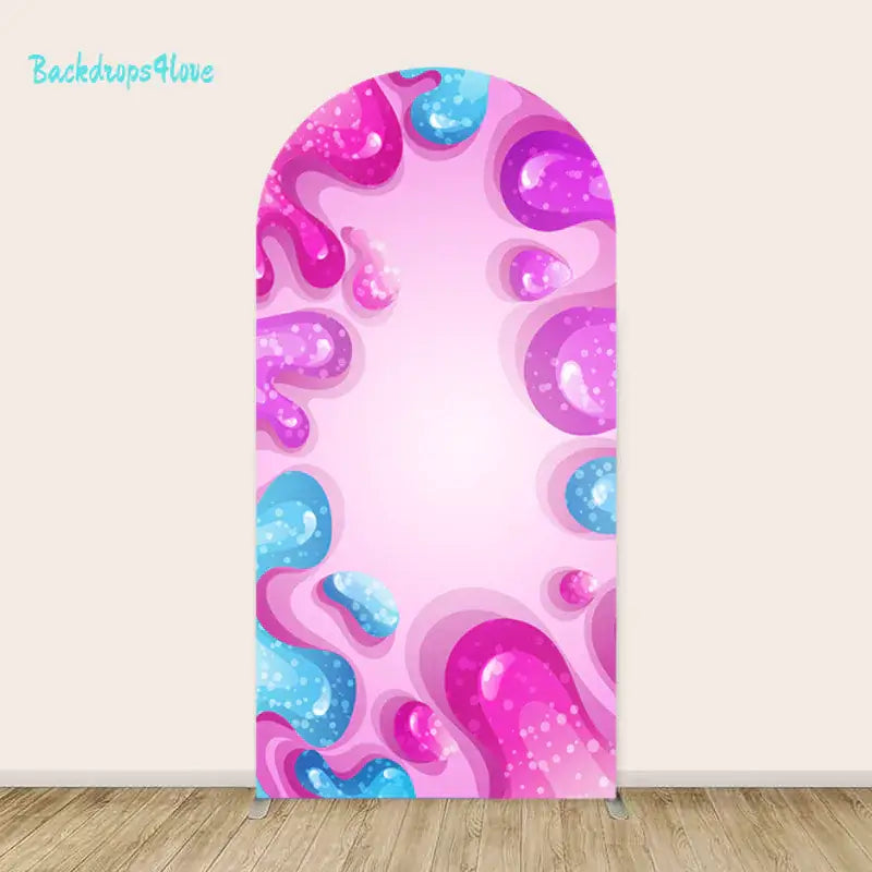 Left arch covered in layered pink and blue slime splats forming a fun bubbly frame on a light background.