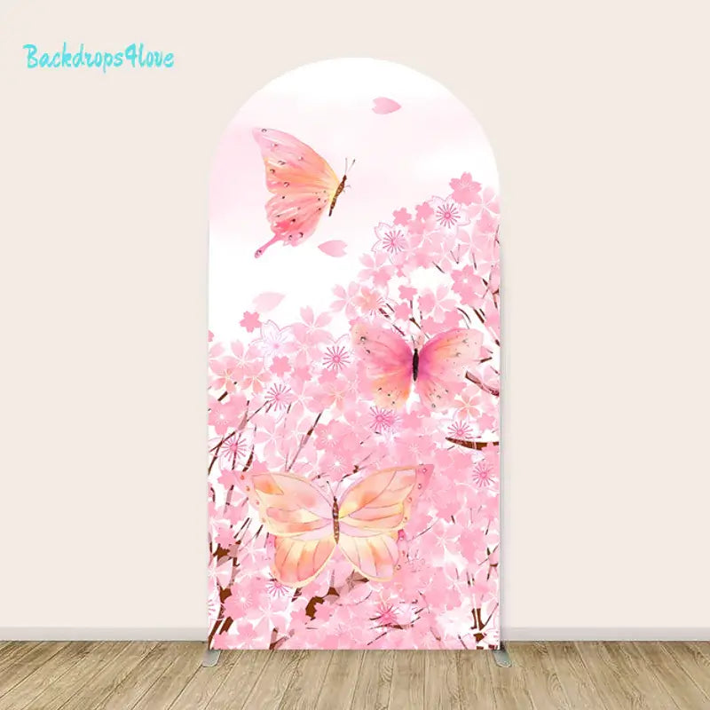 A charming and whimsical backdrop featuring pink butterflies fluttering among vibrant cherry blossoms. The design showcases soft pink petals falling from the sky and a pastel gradient background, creating a serene and dreamy atmosphere perfect for spring-themed celebrations or events.