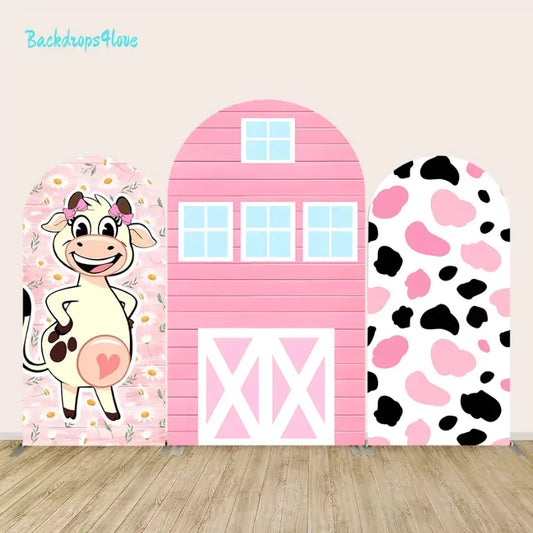 A colorful farm-themed three-panel backdrop set for kids’ parties featuring a cartoon cow, a pink barn design, and black and pink cow print patterns, perfect for birthday celebrations or themed events.