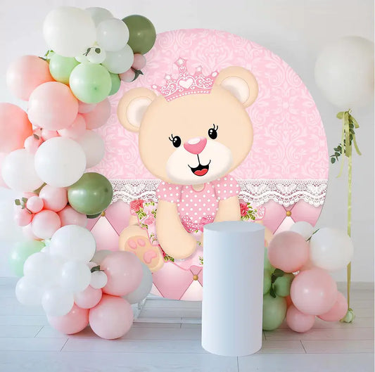 pink crown teddy bear princess birthday round backdrop decorations