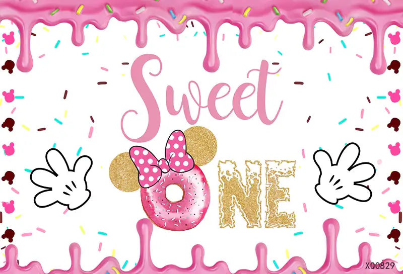 Adorable Minnie Mouse Sweet One donut party backdrop, ideal for 1st birthday celebrations and photoshoots