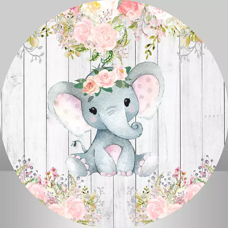 pink floral baby elephant wooden pattern babyt shower round backdrop