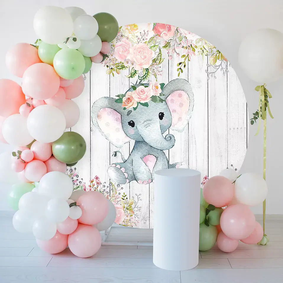 pink folral baby elephant wooden pattern baby shower round backdrop decorations