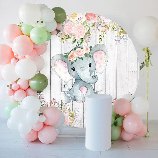 pink folral baby elephant wooden pattern baby shower round backdrop decorations