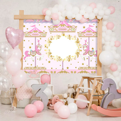 pink gold carsousel horse theme party photography backdrop decorations