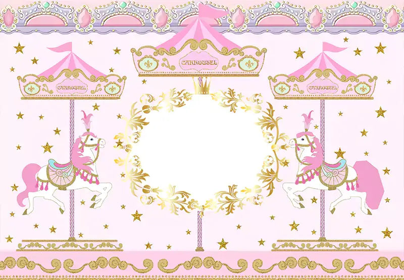 Elegant pink and gold carousel-themed backdrop featuring carousel horses and ornate decorations, perfect for kids' birthday party decorations, baby showers, and photo booth props.