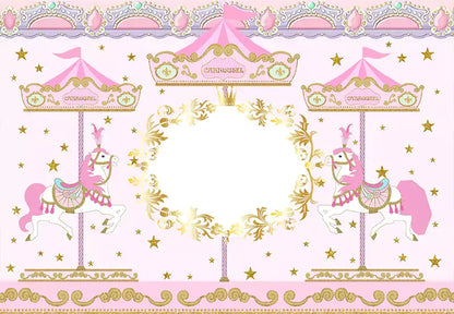 Elegant pink and gold carousel-themed backdrop featuring carousel horses and ornate decorations, perfect for kids' birthday party decorations, baby showers, and photo booth props.