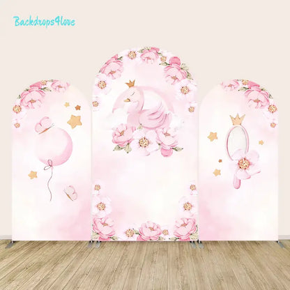 Three-piece arch backdrop set with pink swan, floral designs, and princess theme