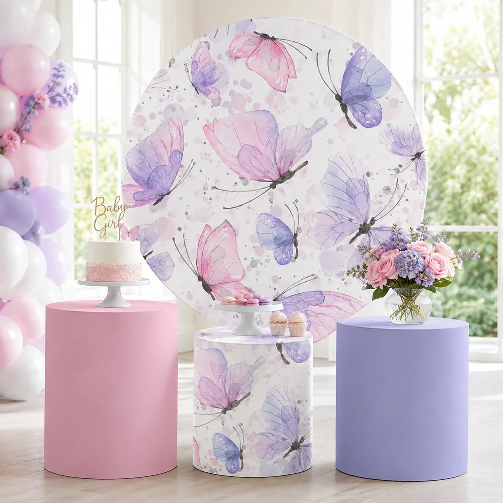 Pink and purple butterfly party set with one round watercolor butterfly backdrop and three matching cylinder covers in pink, lavender and butterfly designs.
