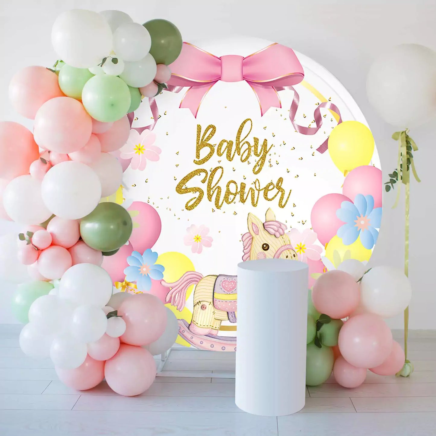 Adorable baby shower round backdrop with a rocking horse, balloons, and floral decorations, perfect for celebrations