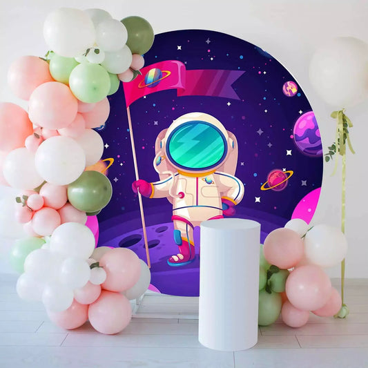 dark purple planets and stars astronaut adventure round backdrop decorations