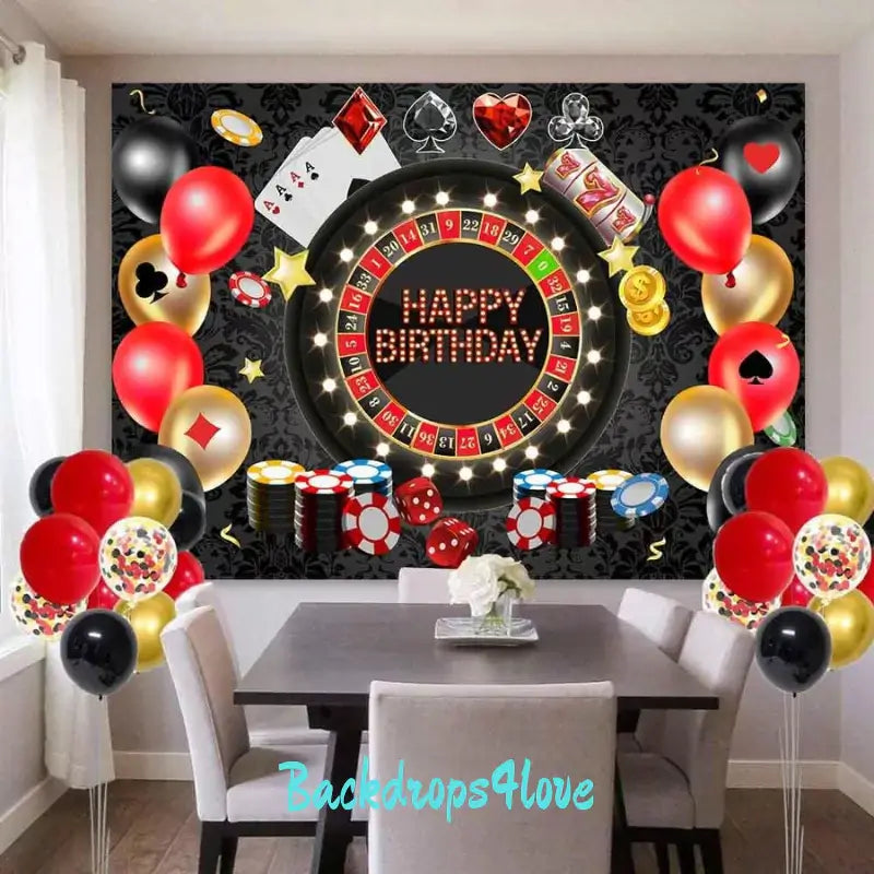 Luxurious birthday party backdrop with a roulette wheel and casino-themed decorations.