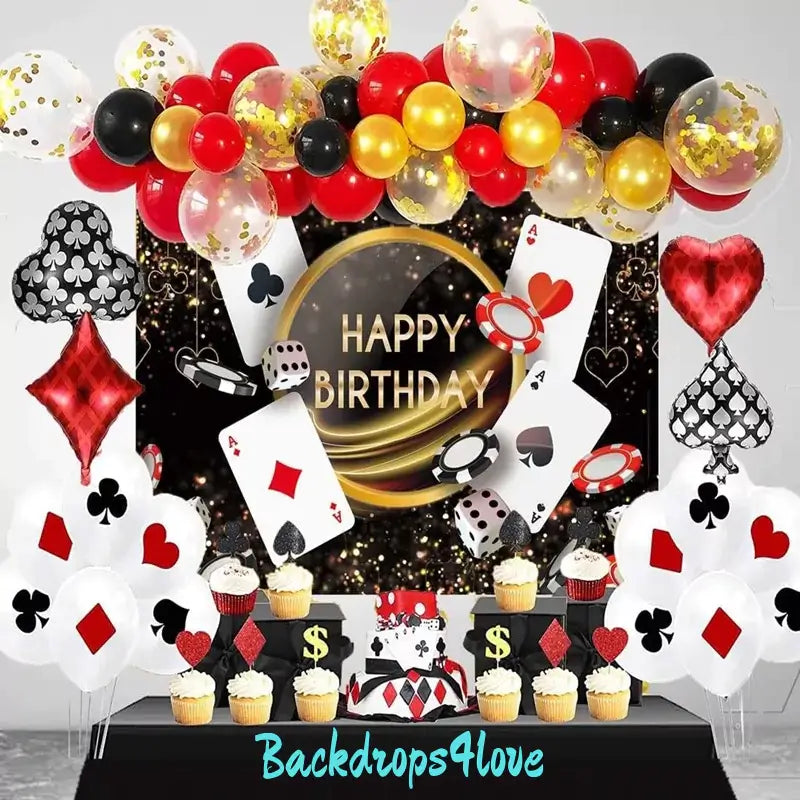 Luxury casino birthday party decoration backdrop with cards, dice, and golden accents.