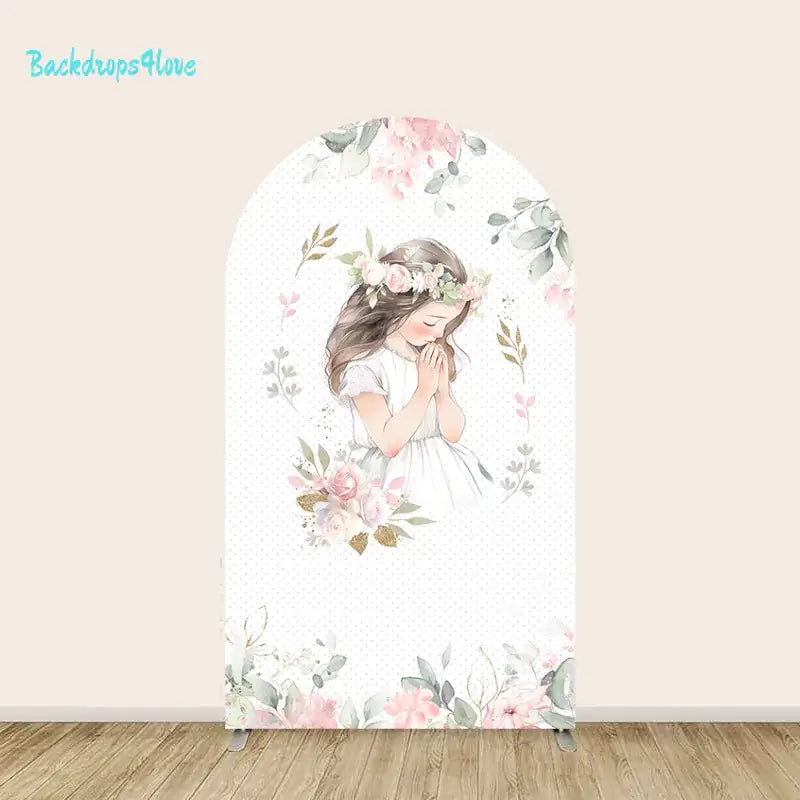 Center arch panel of the First Communion backdrop set featuring a praying girl illustration surrounded by pink flowers and greenery.