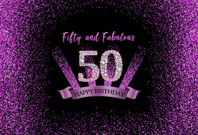 Elegant 50th birthday backdrop with "Fifty and Fabulous" text and pink glitter, perfect for celebrations