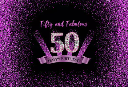 Elegant 50th birthday backdrop with "Fifty and Fabulous" text and pink glitter, perfect for celebrations