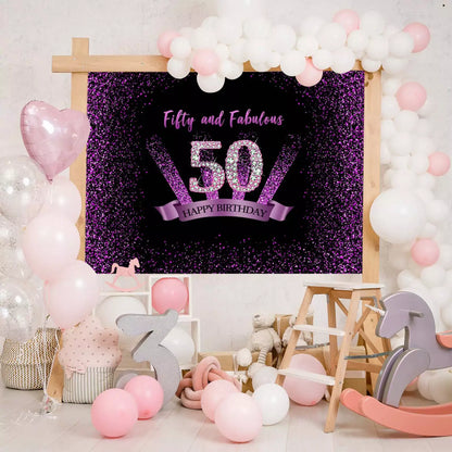 Fifty and Fabulous 50th birthday backdrop with pink glitter design and sparkling elements