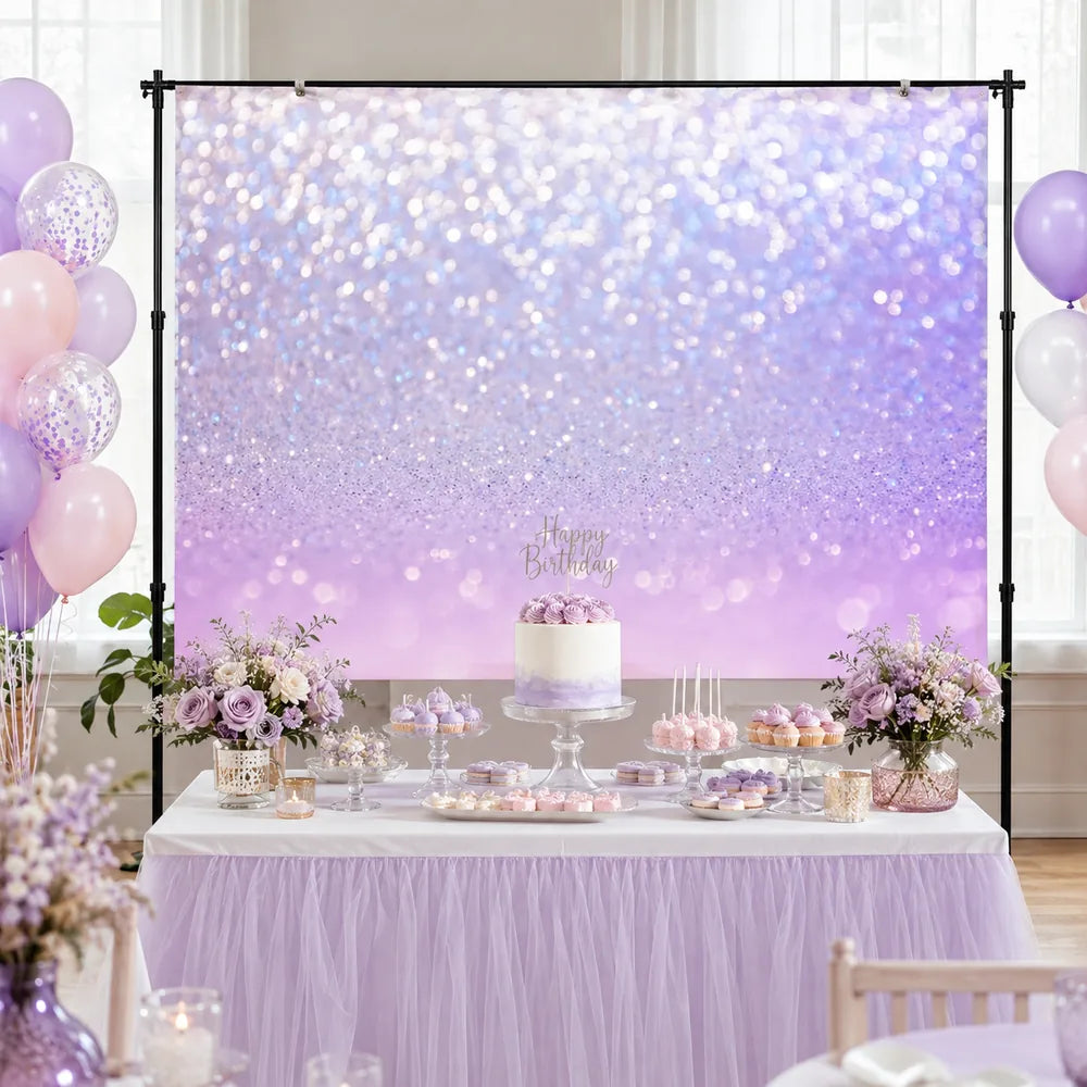 Purple and pink glitter bokeh backdrop banner with sparkling white lights and a soft lavender gradient for elegant birthday and party decorations.