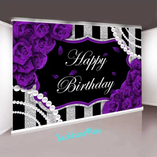 Elegant black and purple birthday backdrop with vibrant purple roses, pearl accents, and silver glitter details, featuring ‘Happy Birthday’ text – ideal for creating a sophisticated party atmosphere.