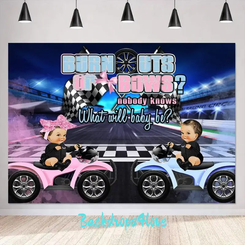 Racing-themed backdrop for gender reveal parties featuring pink and blue cars and bold checkered patterns.