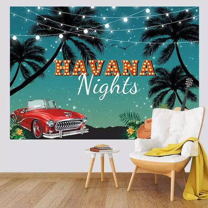 Tropical-themed rectangular Havana backdrop with vibrant colors, palm trees, and festive lights.